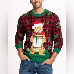 ✨ Ugly Christmas Cat‎ Sweater Mens Festive Plaid Holiday Knit Large ✨